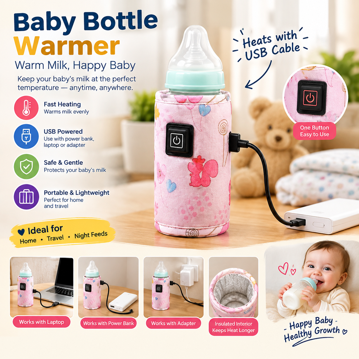 Portable USB Baby Bottle Warmer - Travel Milk Warmer Baby Feeding Bottle Warmer - Heating Thermostat Food Warmer